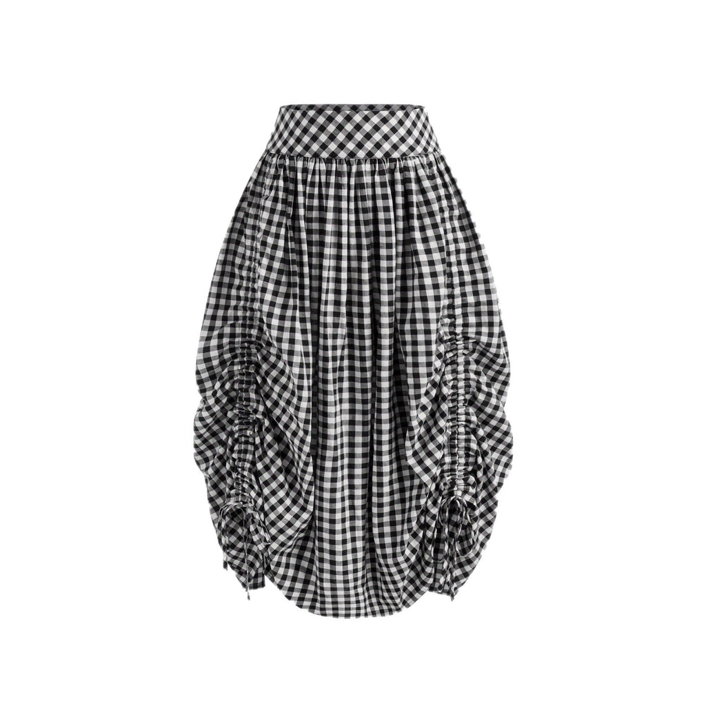 New Stylish Retro Black-and-white Plaid High-waisted Pleated Skirt With A Drawstring