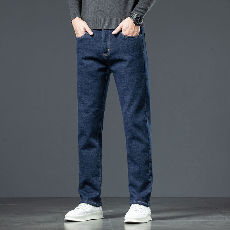 Men's Loose Straight Stretch Fleece-lined Jeans Thickened For Warmth With Lamb Fleece