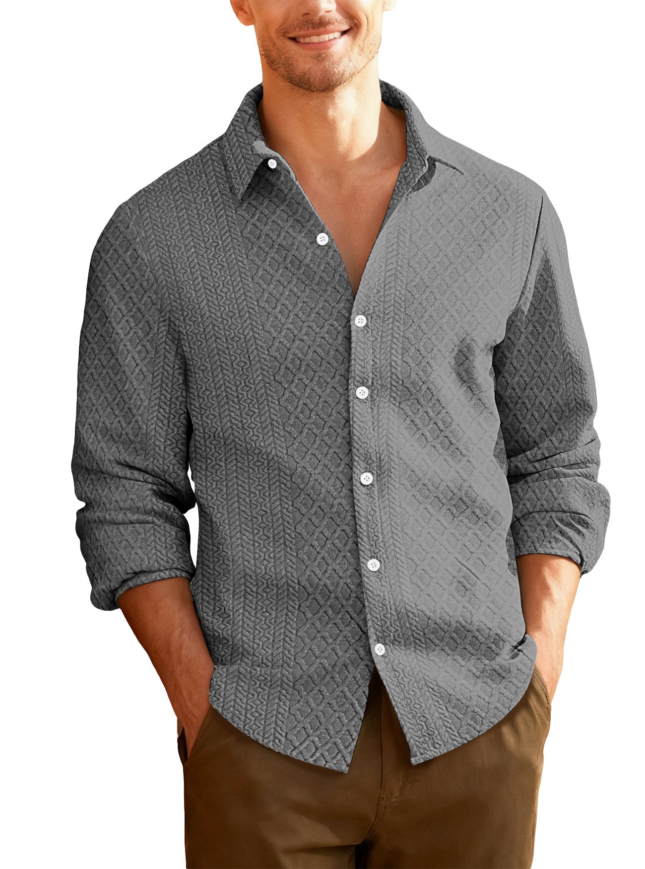 Knitted Floral Casual Sports Fashion Jacket Men's Lapel Long Sleeve Shirt