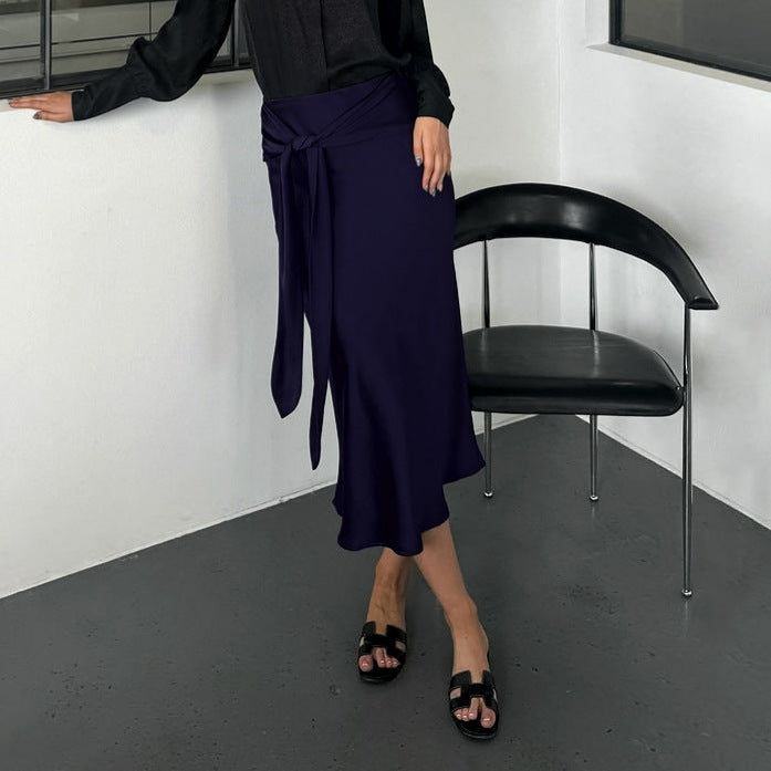 High-waisted Silk Navy Blue Wrap Skirt