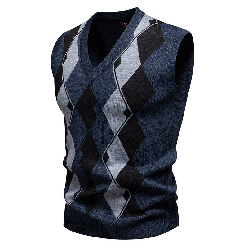Mens Fashion Jacquard Knitted Sweater V-Neck Pullover Vest