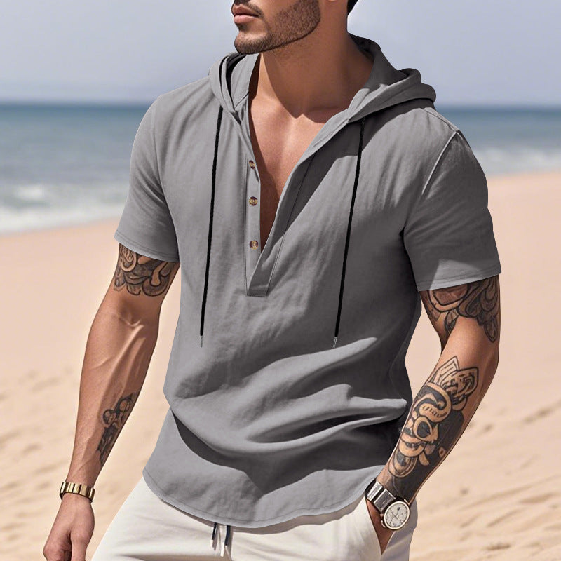 Breathable Linen Hooded Henley Shirt With Short Sleeves
