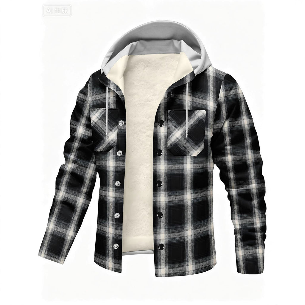 Plaid Fleece-Lined Hooded Casual Jacket