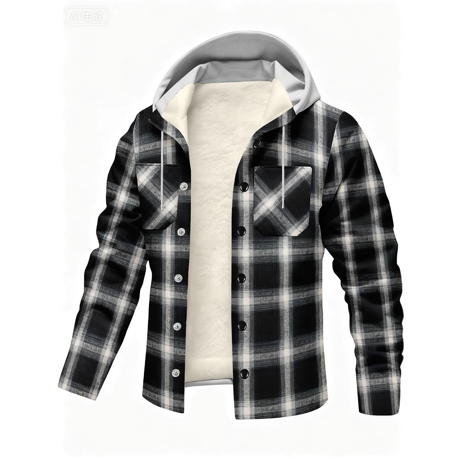Plaid Fleece-Lined Hooded Casual Jacket