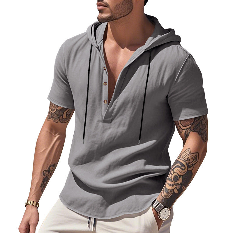 Breathable Linen Hooded Henley Shirt With Short Sleeves