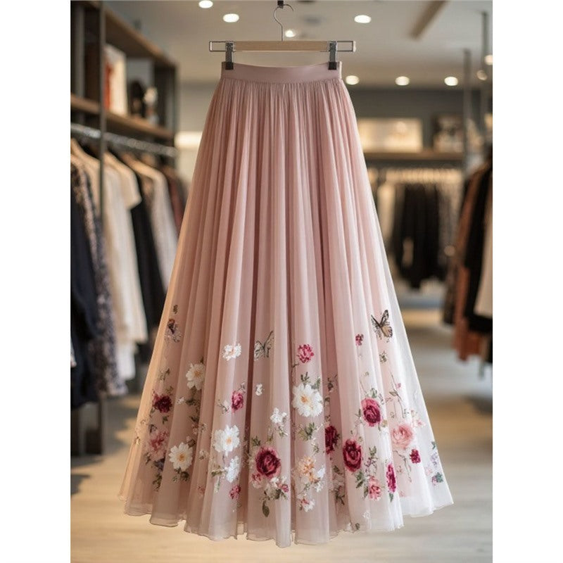 Womens Delicate And Sweet Rose-Print Midi Skirt