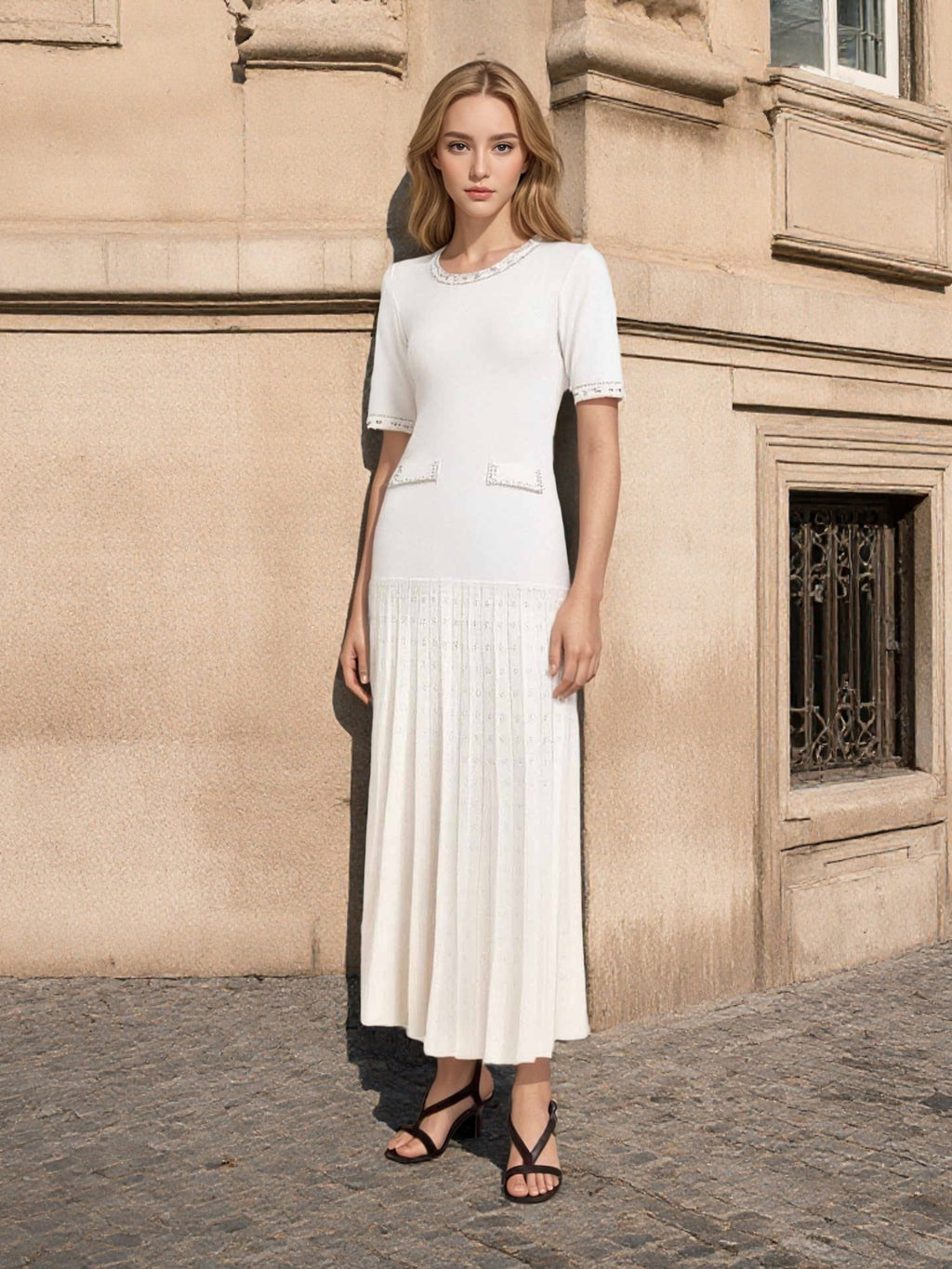 Summer New Women's Round Neck Tweed Knit Short Sleeve Dress Elegant Waist-Cinching Pleated Skirt