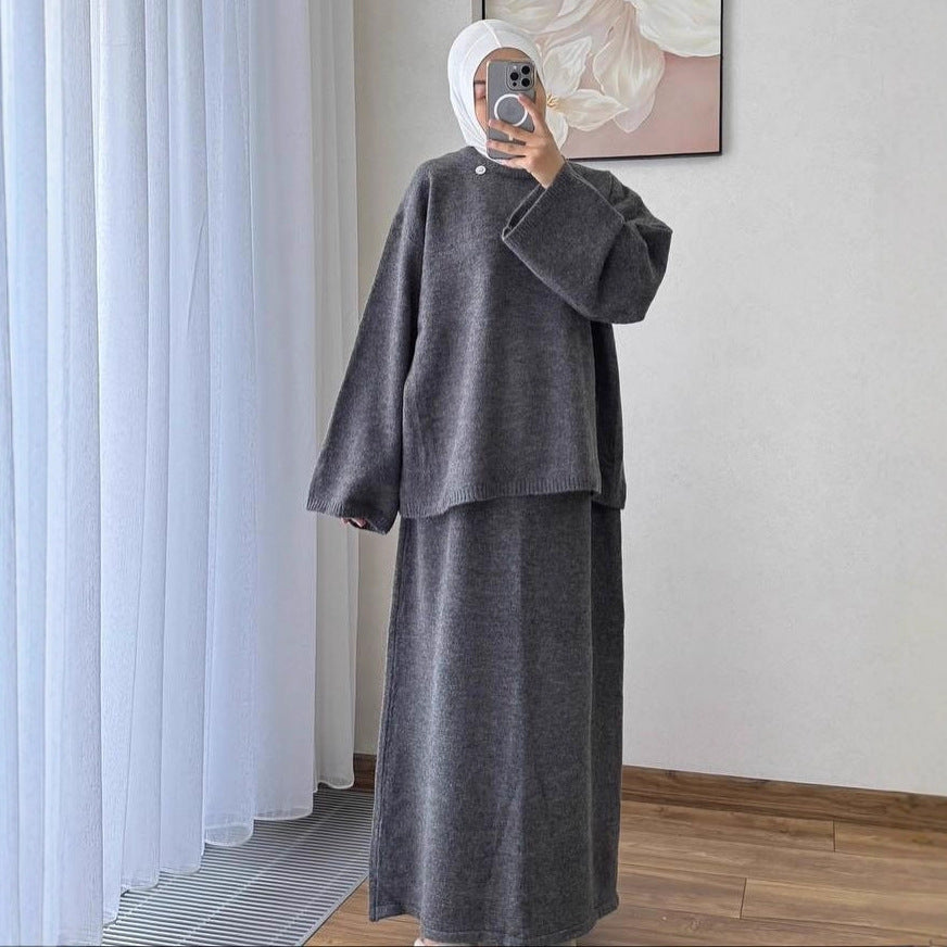 Stylish Casual Crew-neck Long-sleeve Tie-front A-line Dress In Hong Kong Style