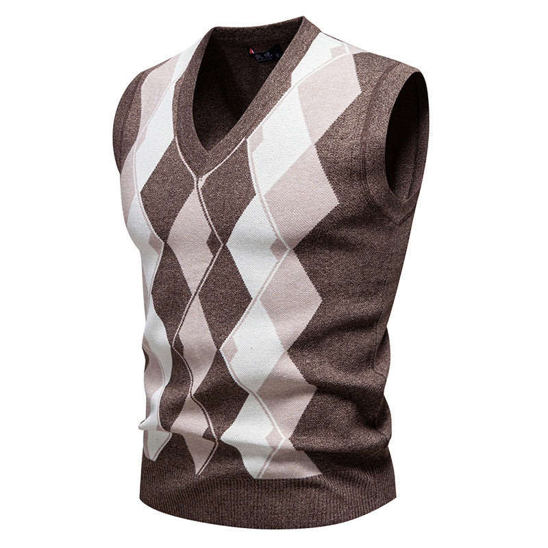 Mens Fashion Jacquard Knitted Sweater V-Neck Pullover Vest