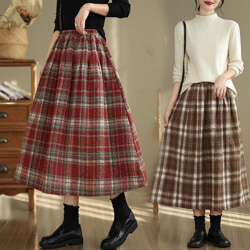 Thick Woolen Plaid Skirt With An Elastic Waist