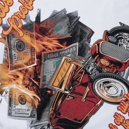 Flame Banknote Car Printed T-shirt Men