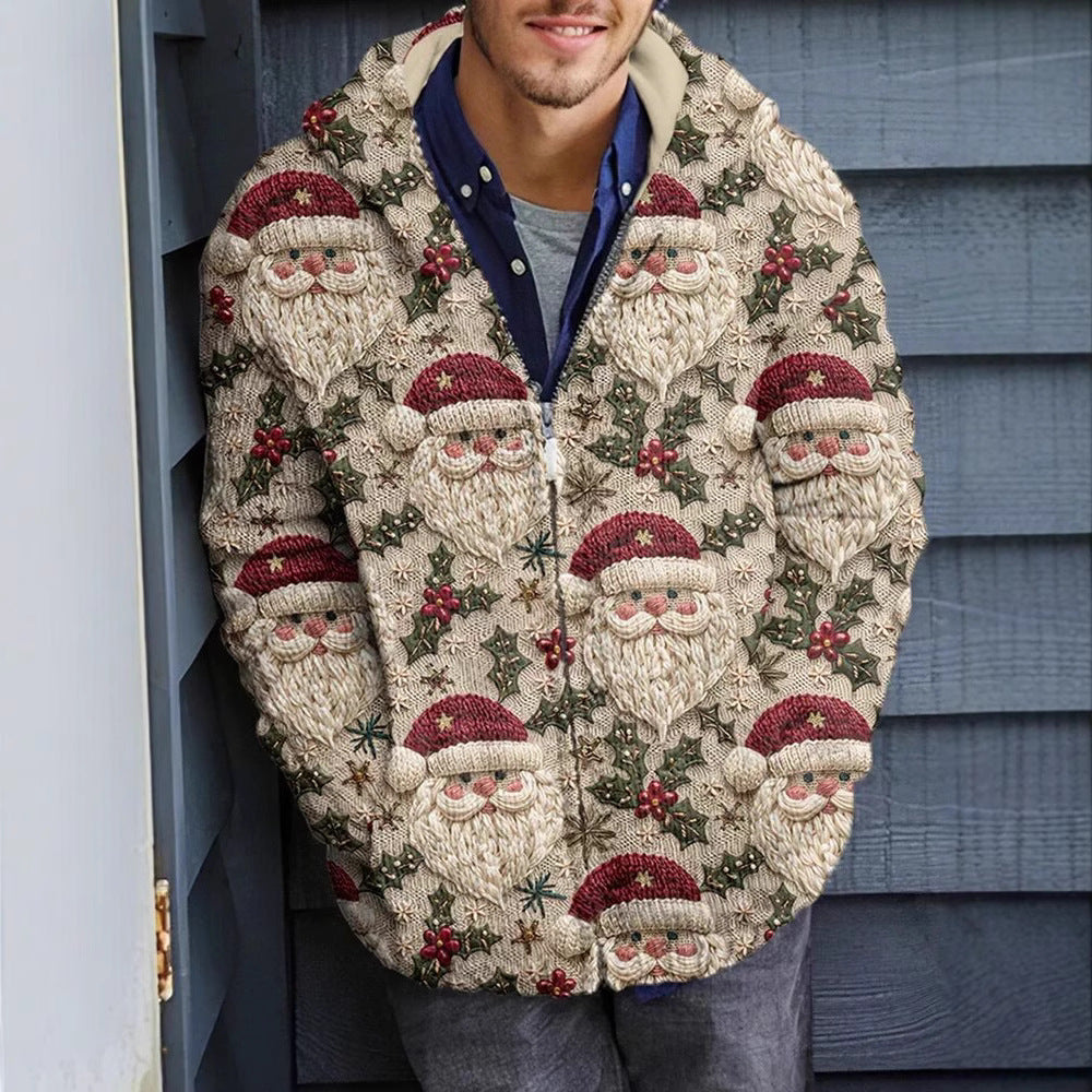 Christmas 3D Digital-Print Casual Zip-Up Hoodie
