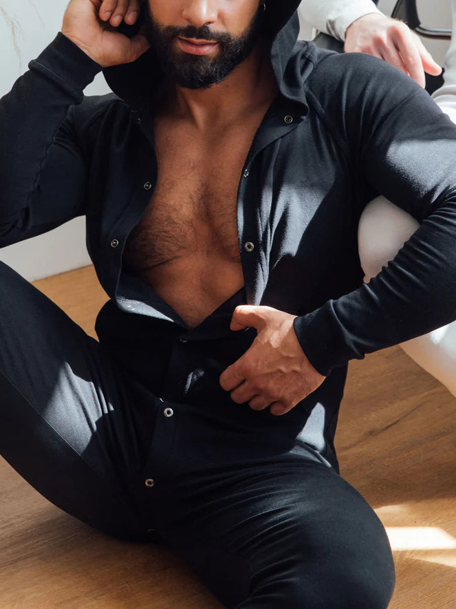 Black Hooded Button - Front Jumpsuit