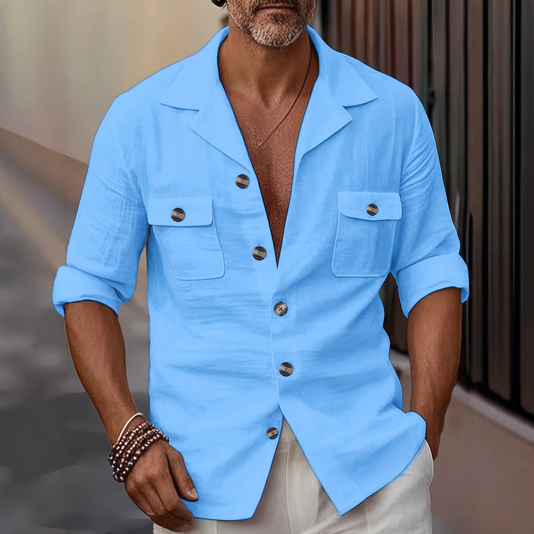 Spring And Autumn Trendy Fashion Tailored Collar Button Pocket Pure Casual Shirt