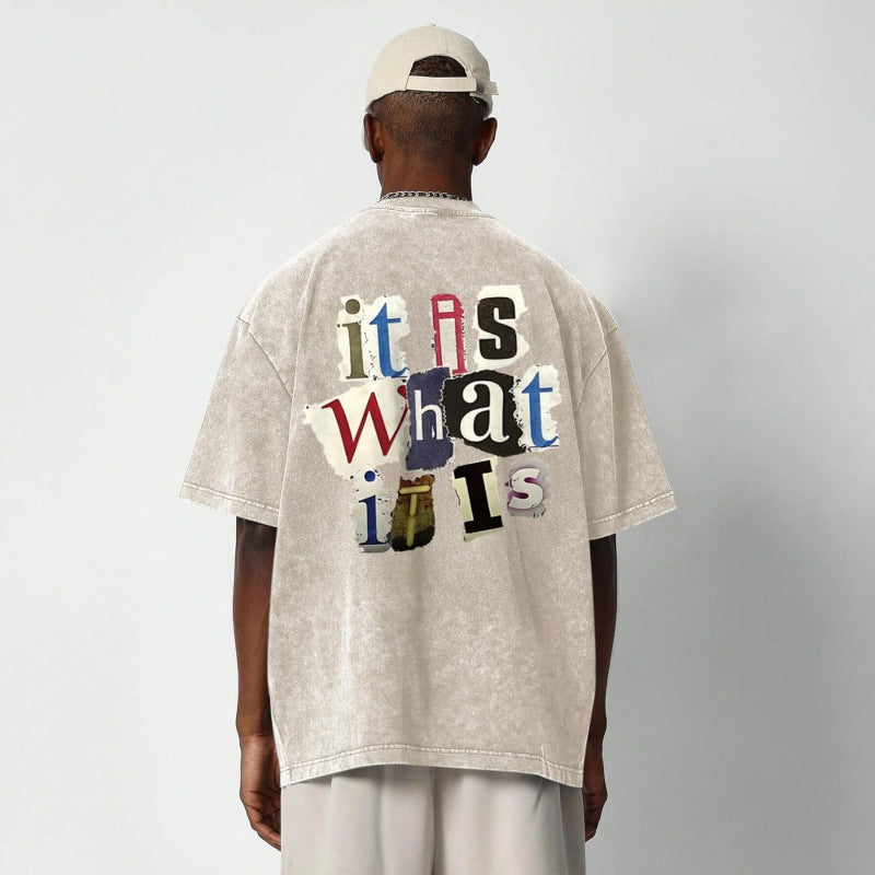 Mens Letter-Print Vintage Oversized T-Shirt
