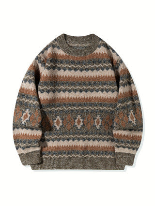 Mens Thickened Crew-Neck Pullover Sweater With Printed Design And Relaxed Fit
