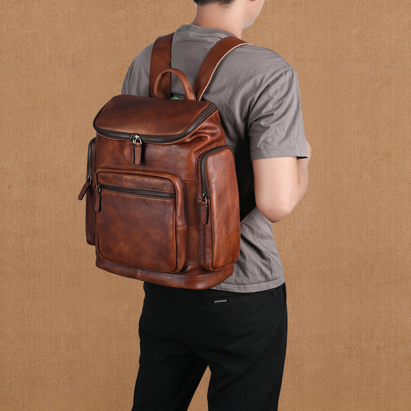 Genuine Retro Double-layer Cowhide Backpack For Men, Outdoor Leisure Travel Backpack