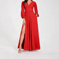 Solid Color V Neck Slit Long Sleeve Pleated Elegant Maxi Dress