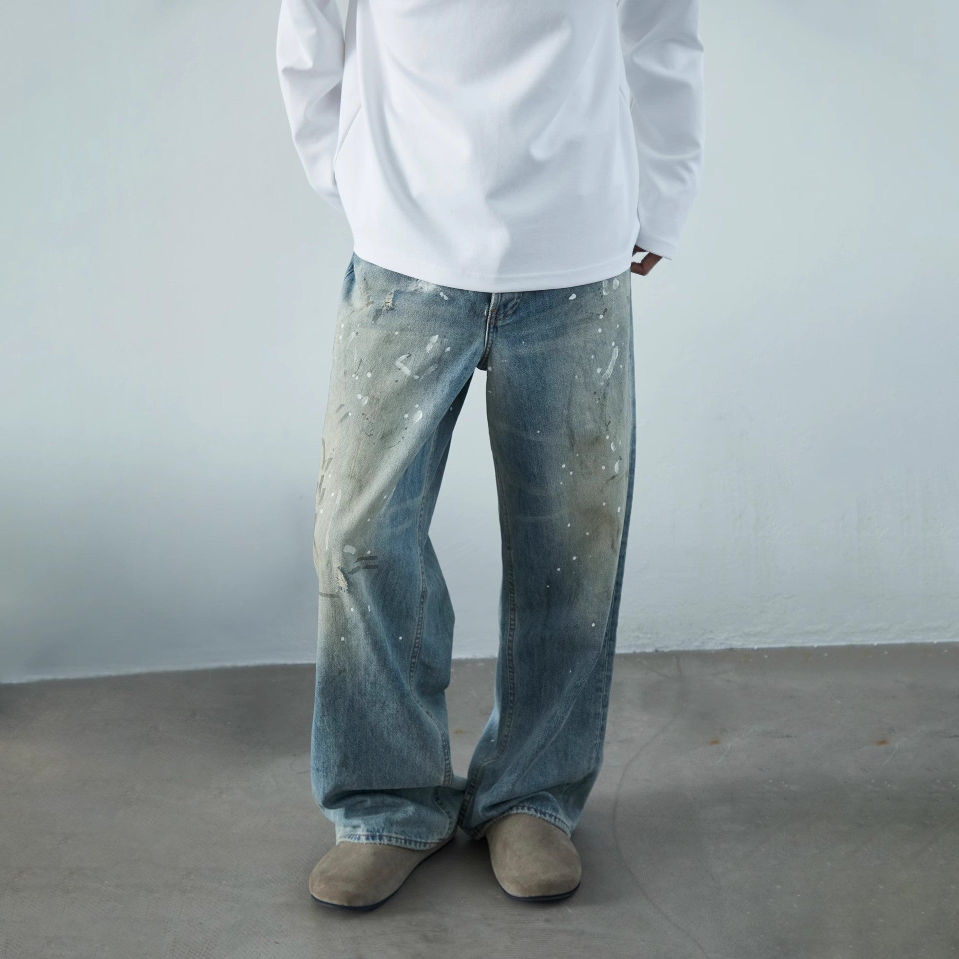 Neutral Wide Leg Mopping Dirty Splash-ink Distressed Design Jeans