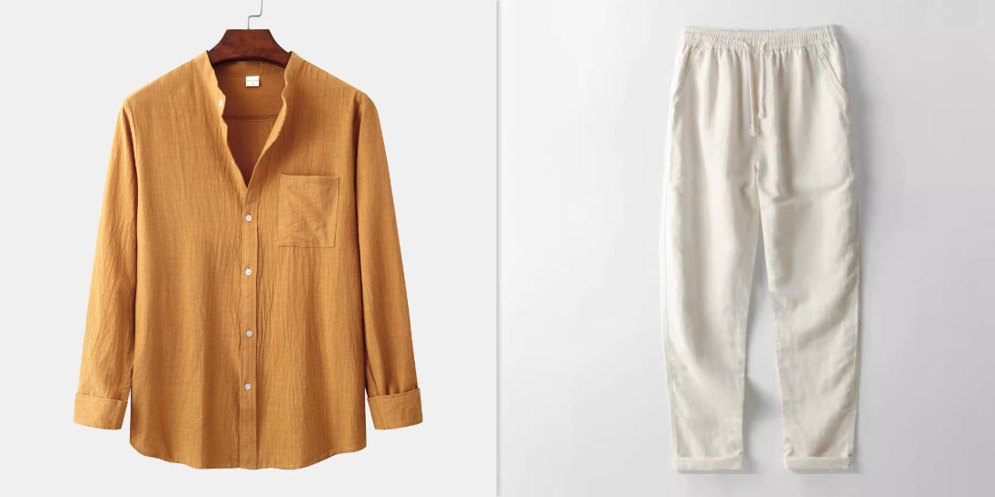 Men's Slim Solid Color Long Sleeve Shirt Casual Pants