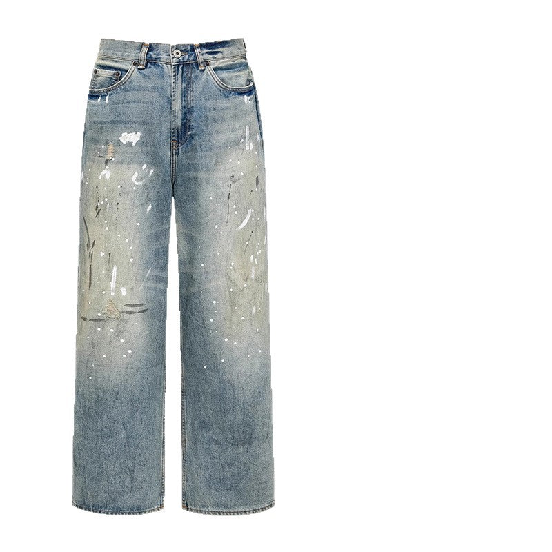 Neutral Wide Leg Mopping Dirty Splash-ink Distressed Design Jeans
