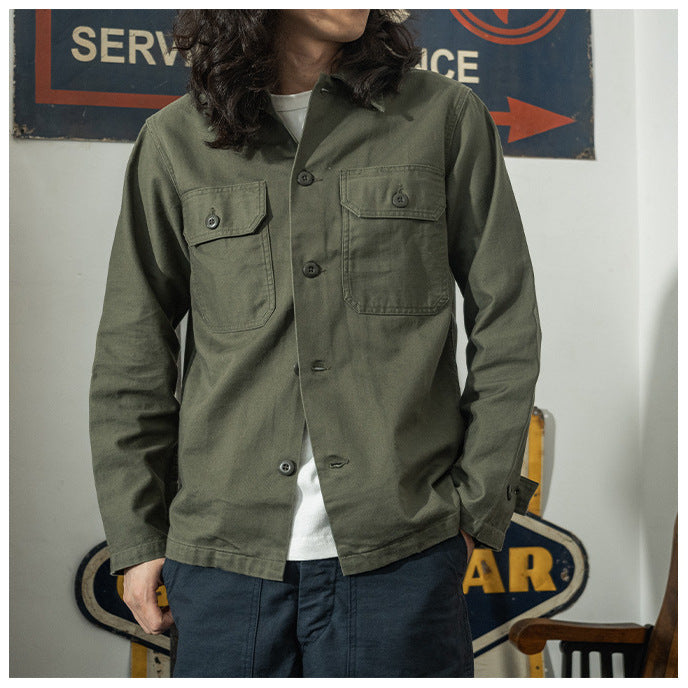 Olive Green Cotton Satin Work Clothes Shirt Men