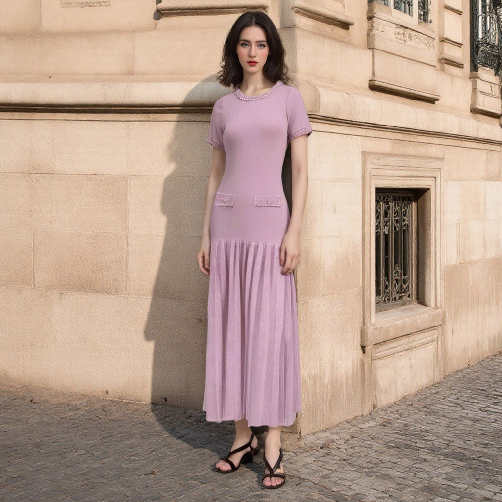 Summer New Women's Round Neck Tweed Knit Short Sleeve Dress Elegant Waist-Cinching Pleated Skirt