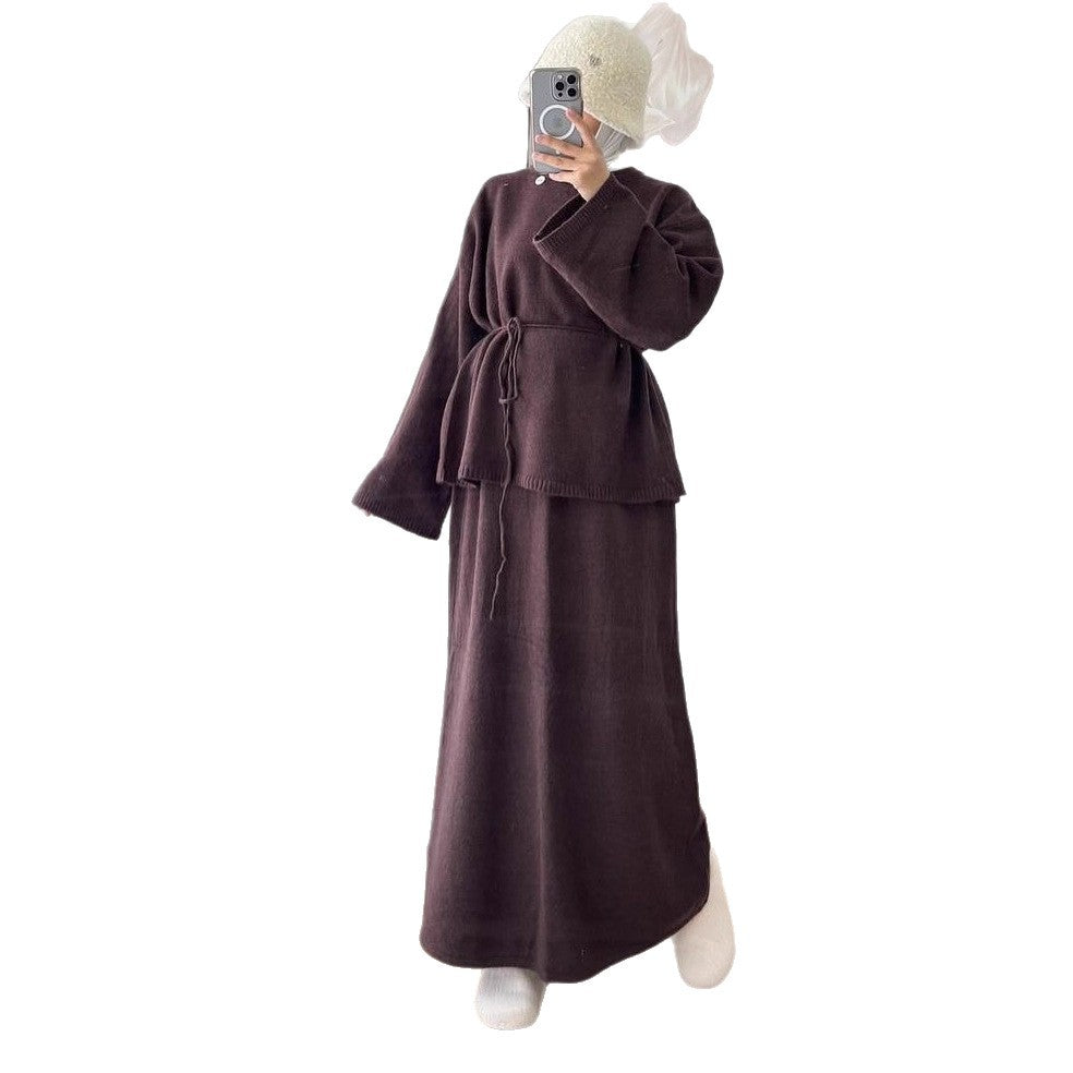 Stylish Casual Crew-neck Long-sleeve Tie-front A-line Dress In Hong Kong Style