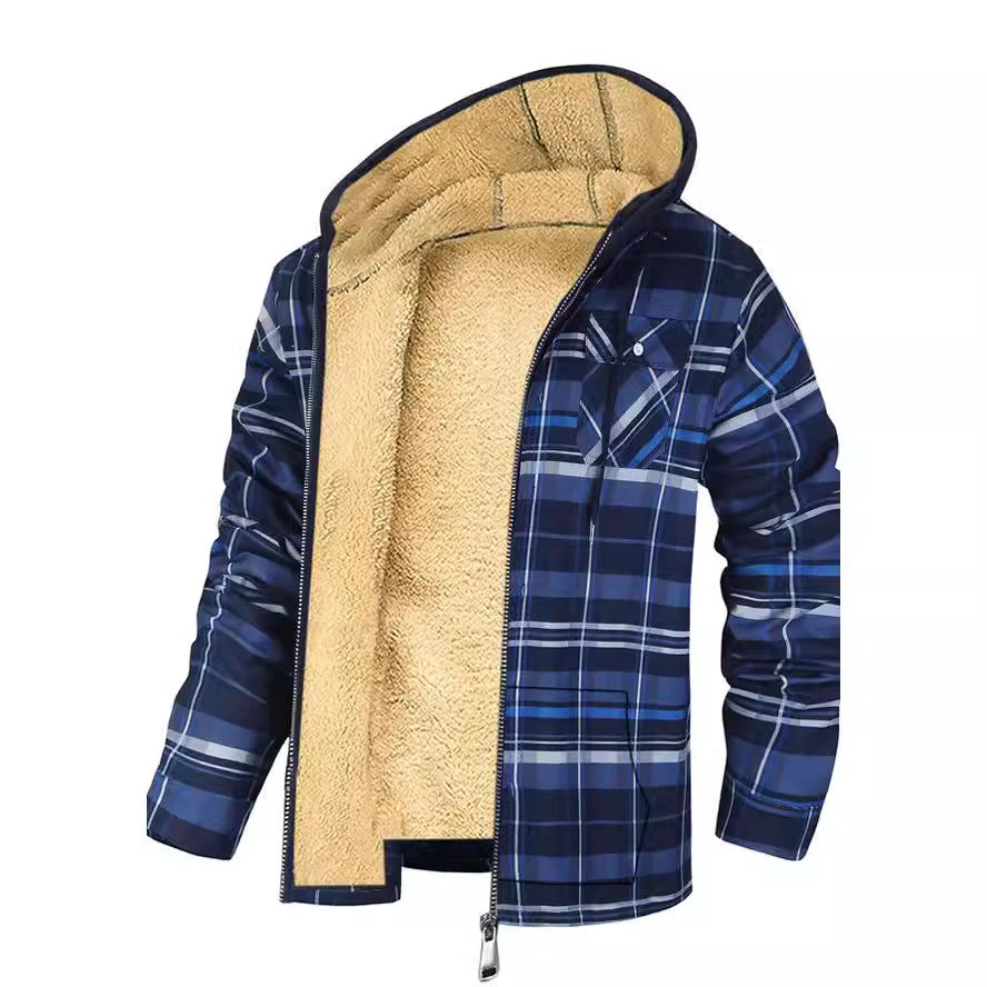 Thick Cotton Coat With Plaid Pattern Long Sleeves Loose Fit And Hood