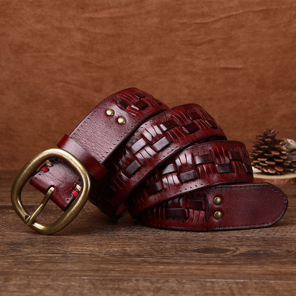 Men's Hand-woven First Layer Cow Leather Belt Personalized Punch-free Brass Buckle