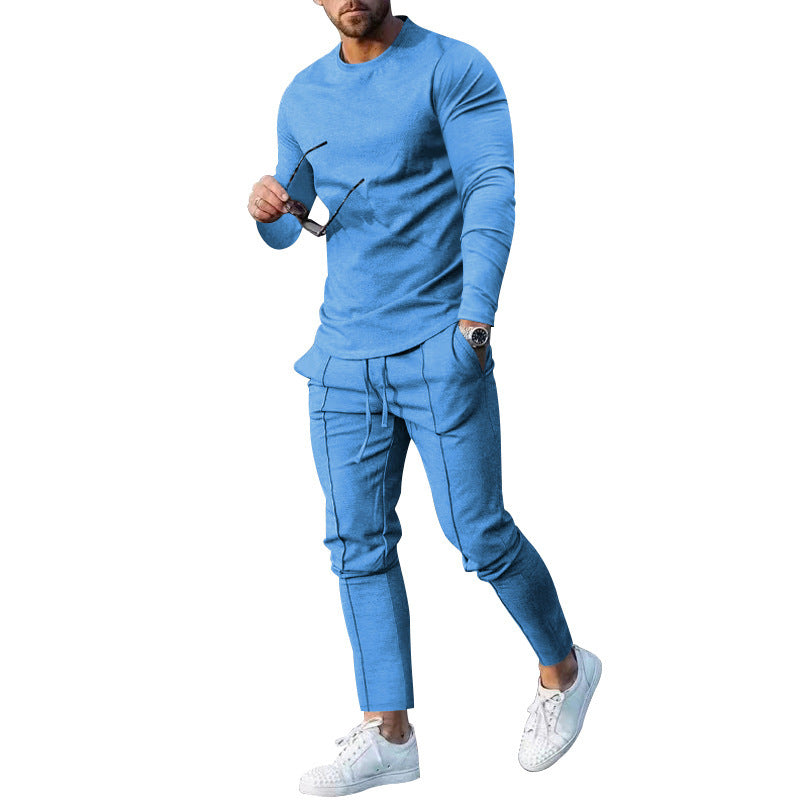 Spring Round Neck Long Sleeve T-shirt Trousers Solid Color Men's Two-piece Suit