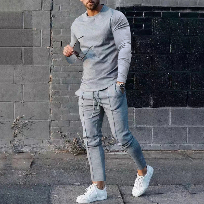 Spring Round Neck Long Sleeve T-shirt Trousers Solid Color Men's Two-piece Suit