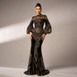 Long Sleeve Round Neck Sequins Mesh Fishtail Evening Dress