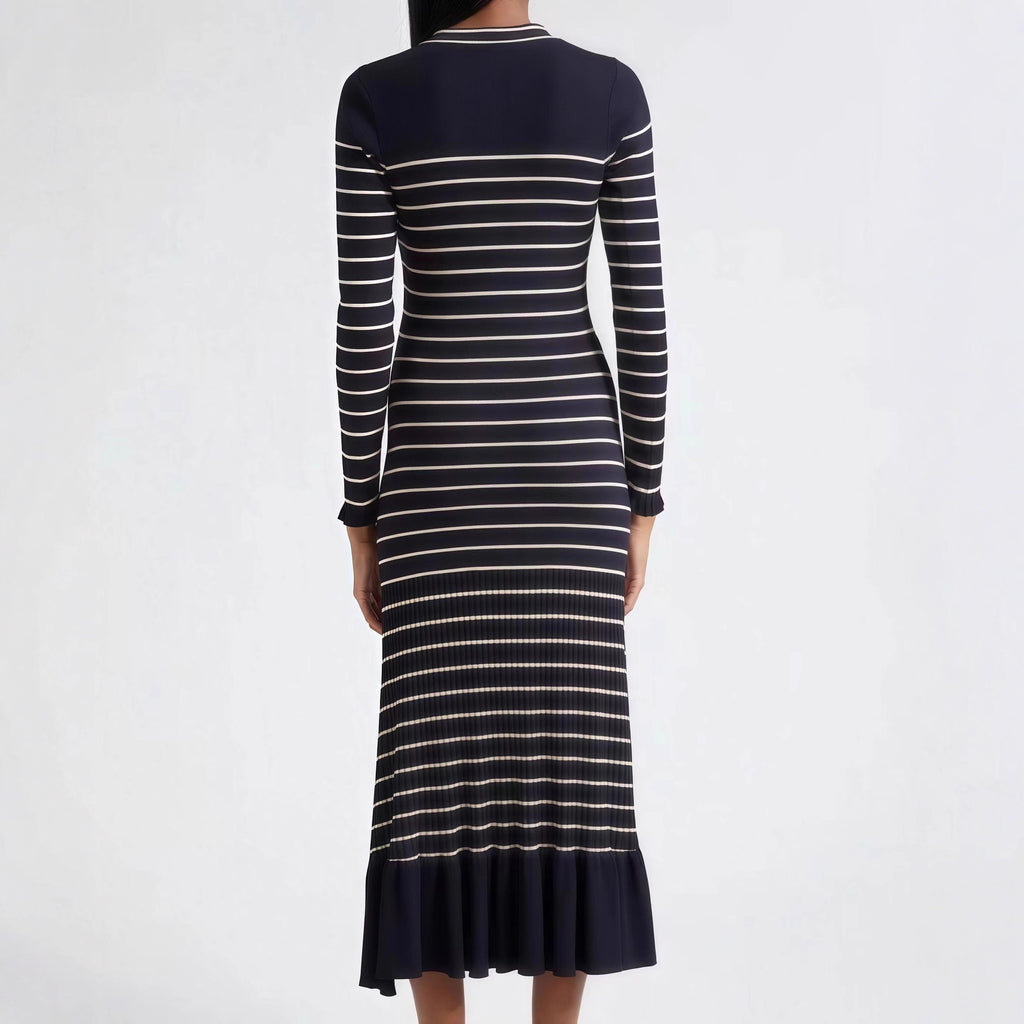 Elegant Fitted Knitted Tweed Stripe Long Sleeve Ruffle Dress with Single Breasted Design Autumn/Winter Lady's Dress