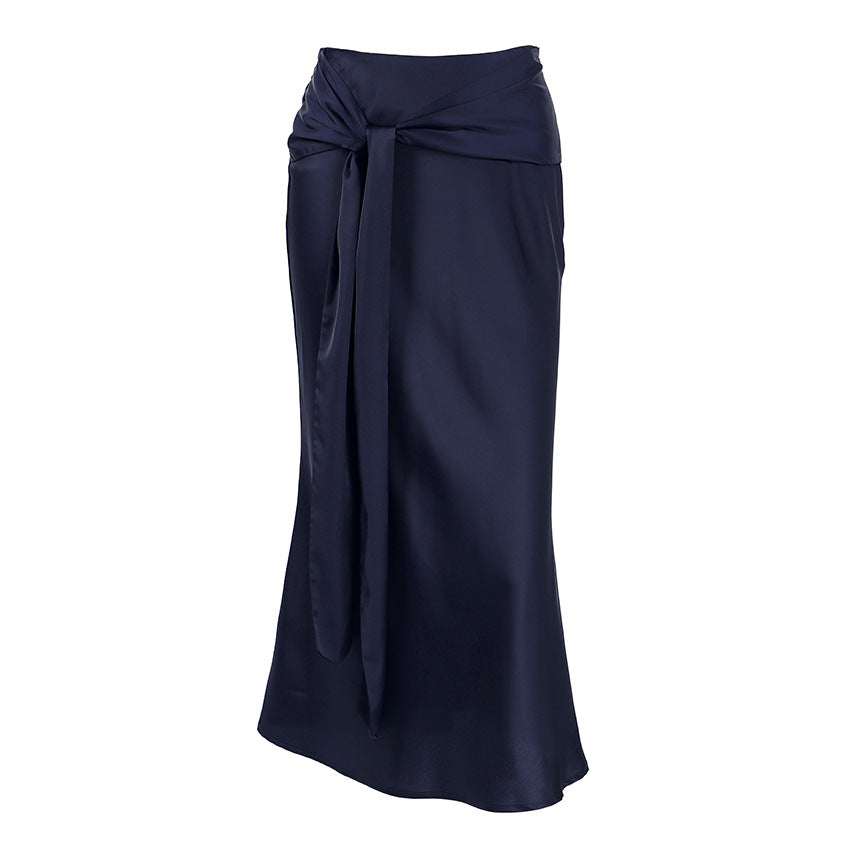 High-waisted Silk Navy Blue Wrap Skirt