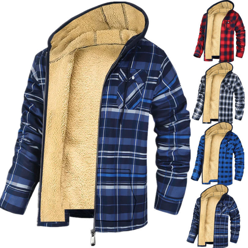 Thick Cotton Coat With Plaid Pattern Long Sleeves Loose Fit And Hood