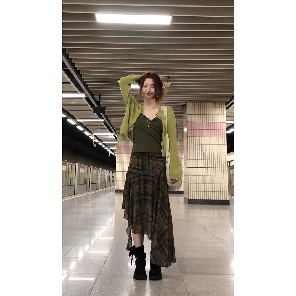 Retro Irregular Plaid Skirt With A Designer Touch For Autumn