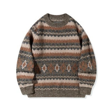 Mens Thickened Crew-Neck Pullover Sweater With Printed Design And Relaxed Fit