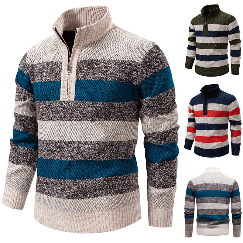 Mens Color-Block Stand-Up Collar Half-Zip Fleece-Lined Thermal Sweater