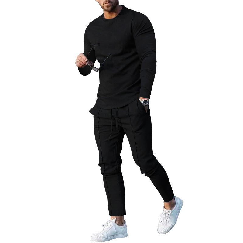 Spring Round Neck Long Sleeve T-shirt Trousers Solid Color Men's Two-piece Suit