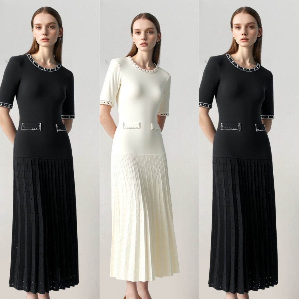 Summer New Women's Round Neck Tweed Knit Short Sleeve Dress Elegant Waist-Cinching Pleated Skirt