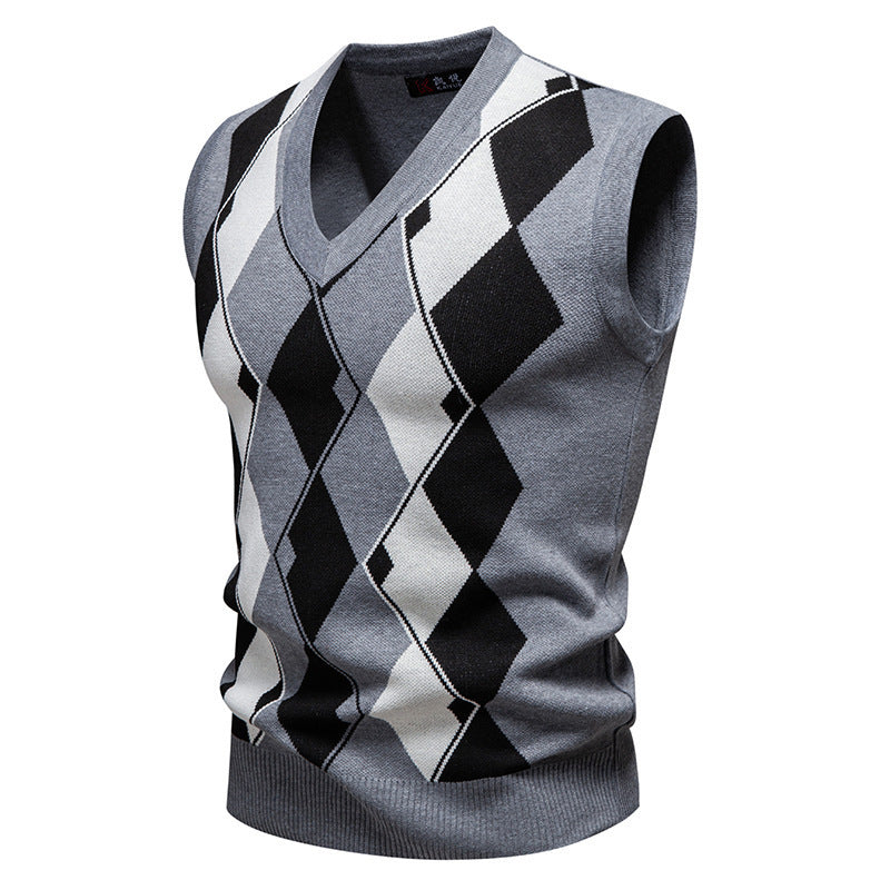 Mens Fashion Jacquard Knitted Sweater V-Neck Pullover Vest
