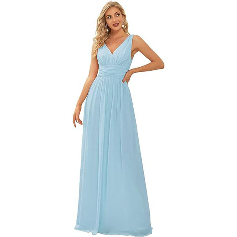 Women's Elegant Graceful Deep V-neck Sleeveless Chiffon Formal Maxi Evening Dress