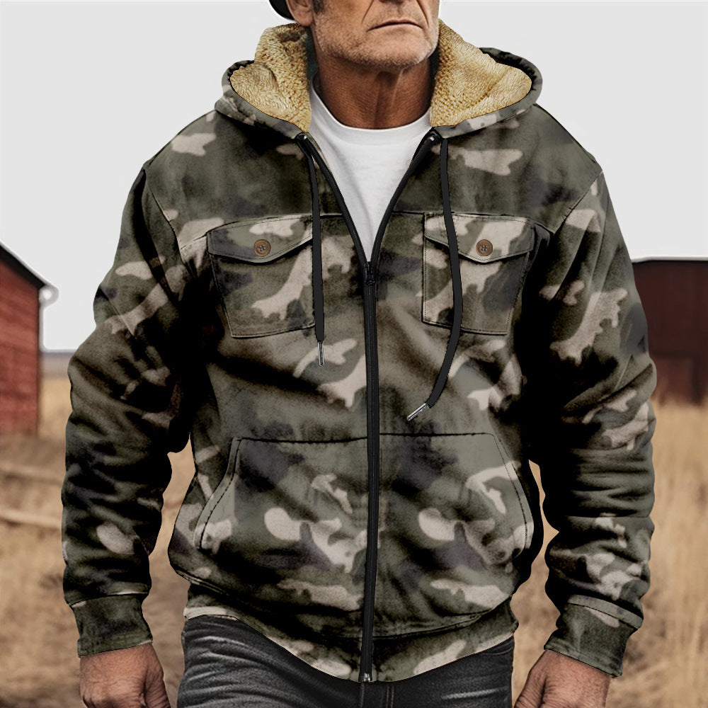 British-style Abstract Fashion Fleece-lined Cotton Coat With Hood And Zipper