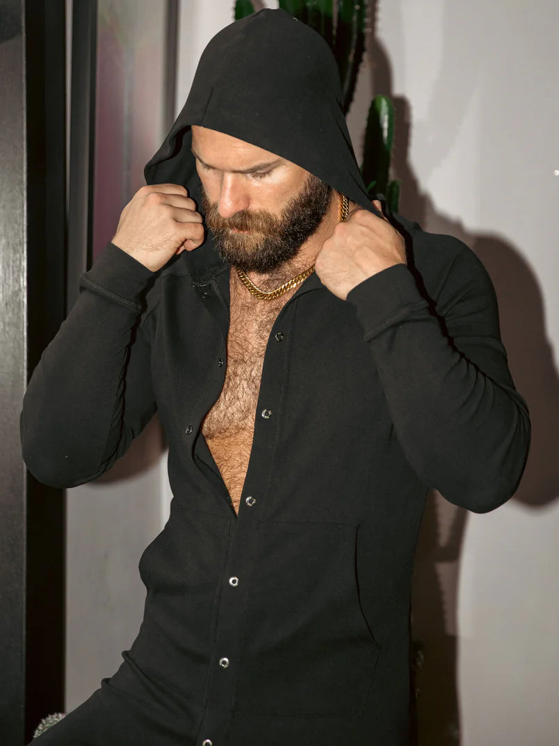 Black Hooded Button - Front Jumpsuit