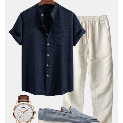 Men's Stand Collar 3D Digital Printing Fashion Slim-fit Short-sleeved Shirt