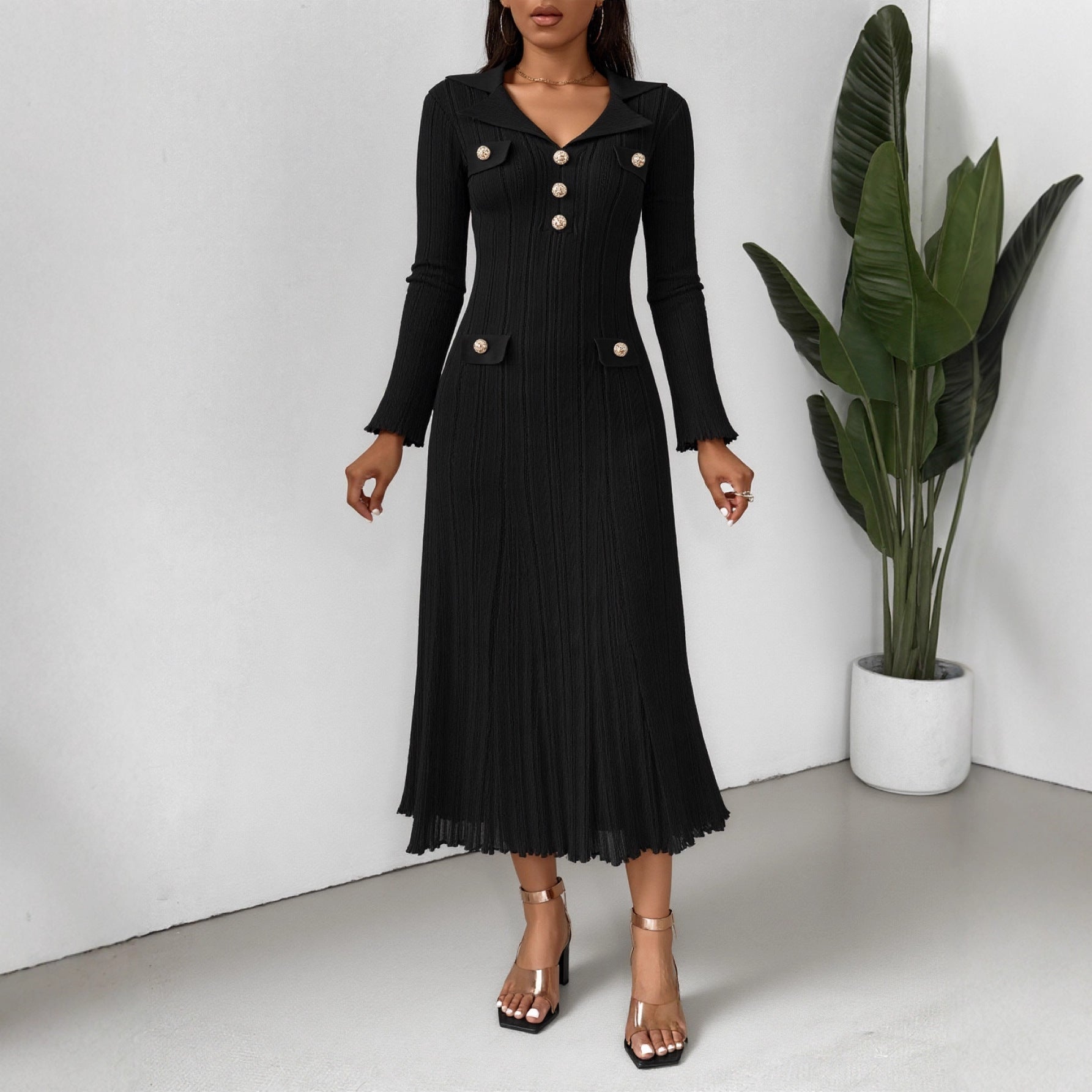 Long Sleeve Knit Dress with Waist-Cinching Design, Autumn/Winter Fashion Dress