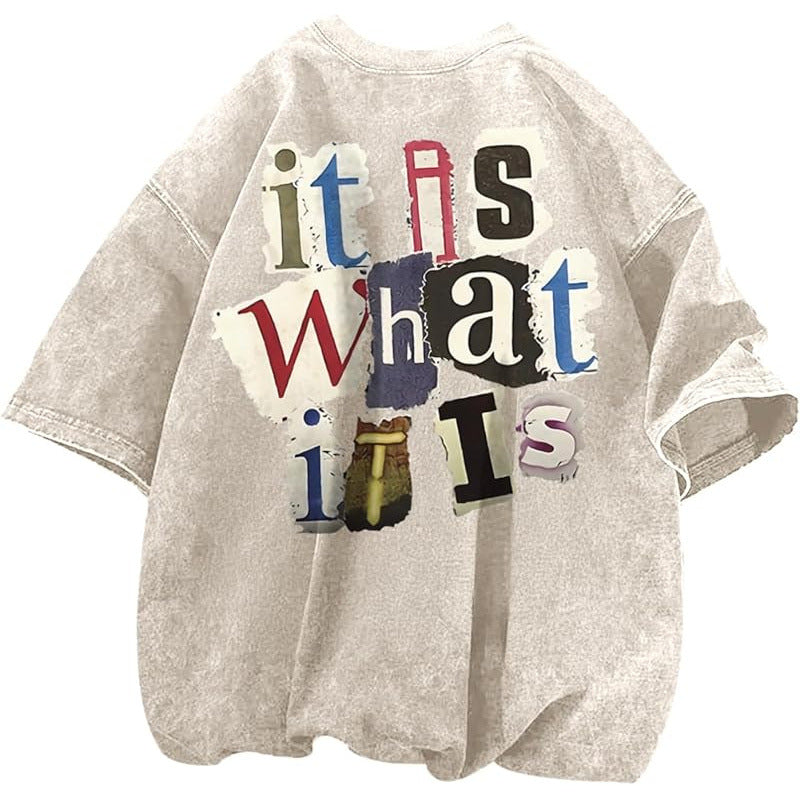 Mens Letter-Print Vintage Oversized T-Shirt