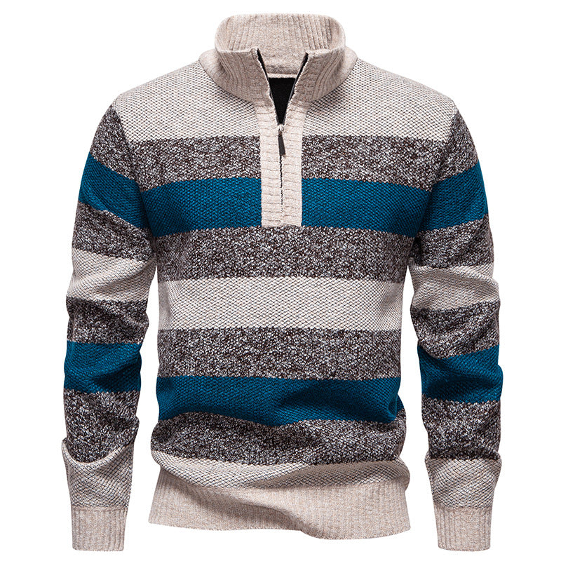 Mens Color-Block Stand-Up Collar Half-Zip Fleece-Lined Thermal Sweater