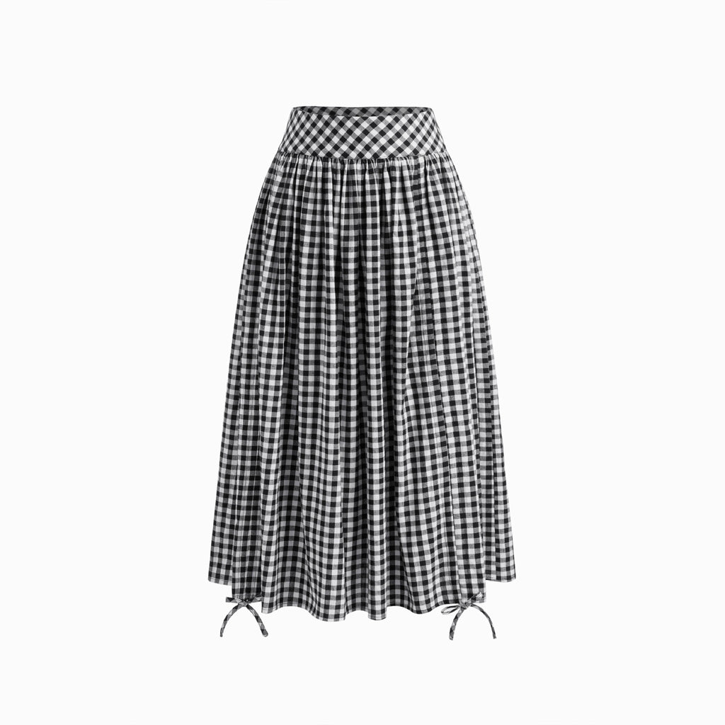 New Stylish Retro Black-and-white Plaid High-waisted Pleated Skirt With A Drawstring